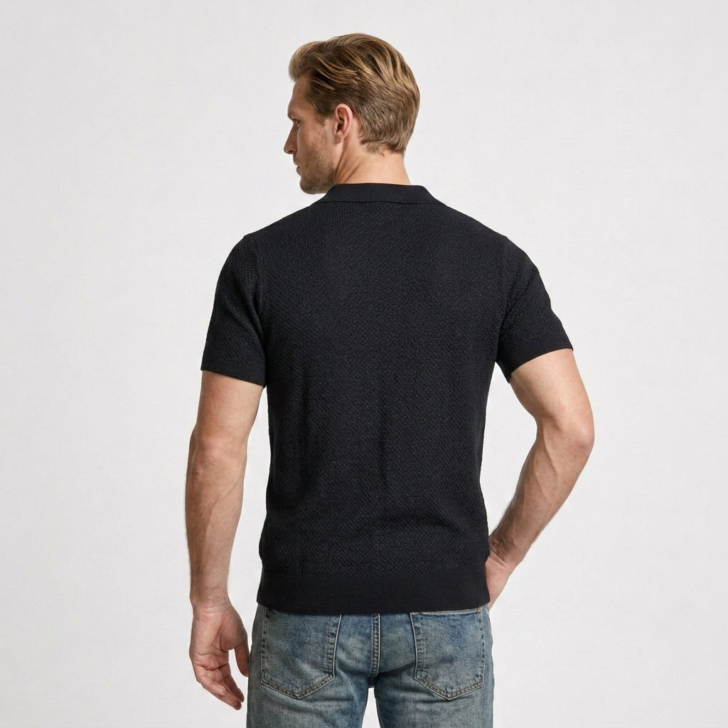 Textured Knit Polo Open Collar Short Sleeve for Men