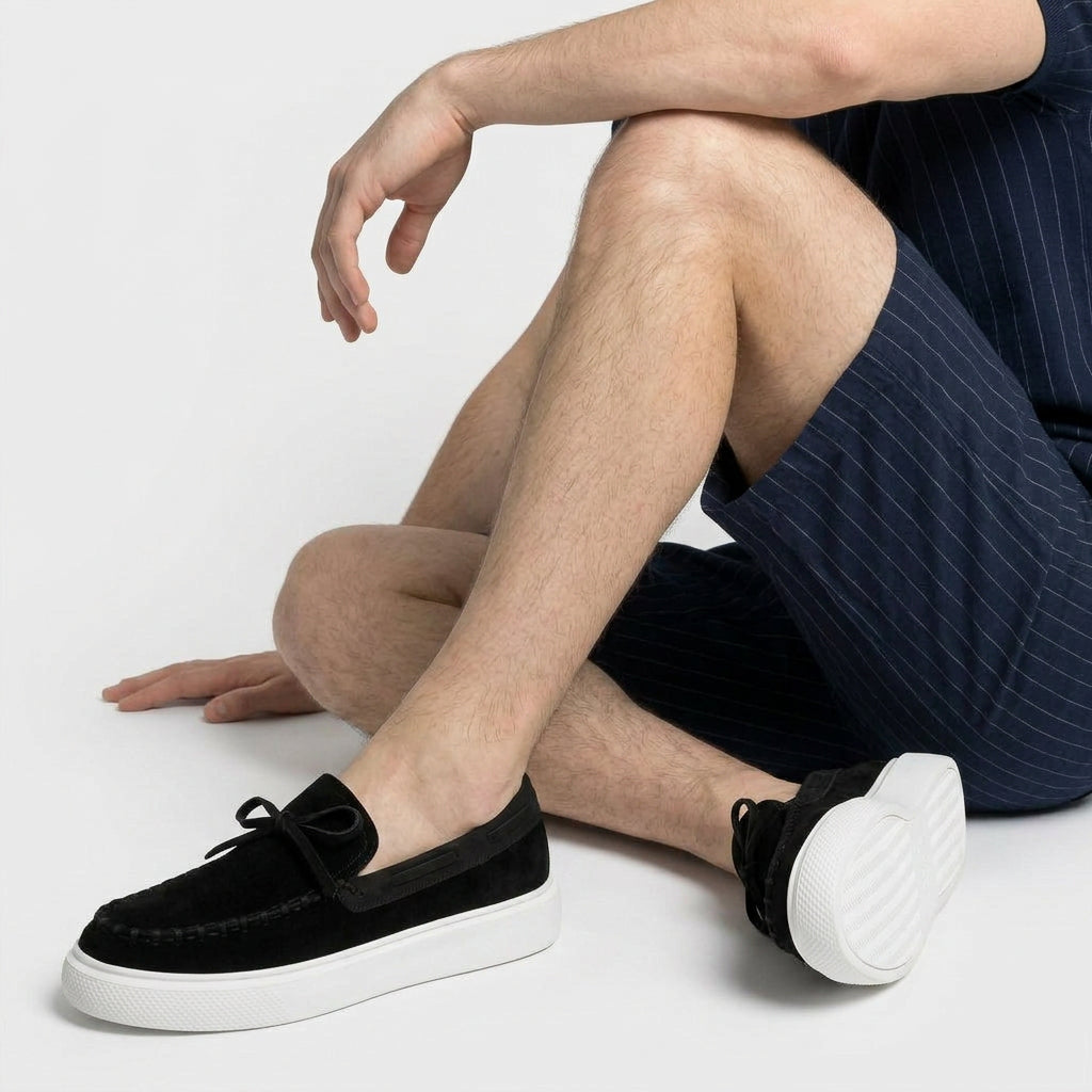 Men's Suede Moccasin Loafer Bow Detail Platform Sole