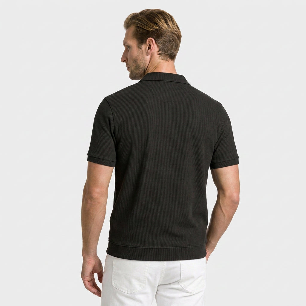 Ribbed Knit Polo Chest Pocket Three Button for Men