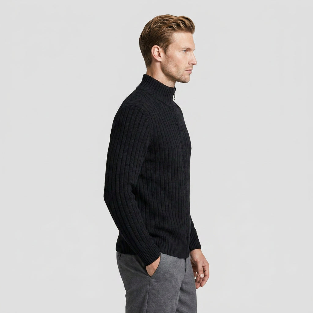 Ribbed Wool Zip-Up Cardigan High Collar for Men