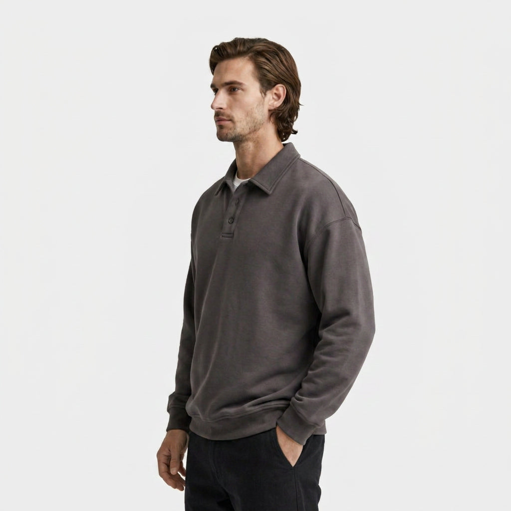 Long Sleeve Polo Pullover Ribbed Cuffs Relaxed Fit for Men