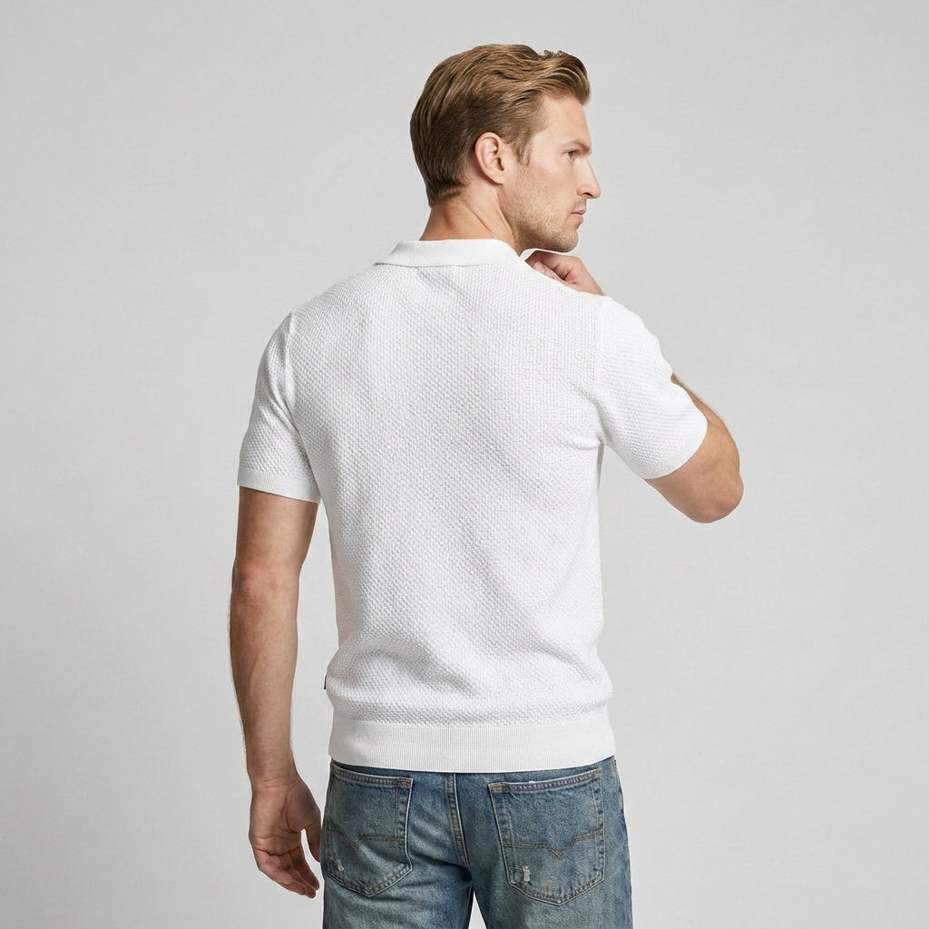 Textured Knit Polo Open Collar Short Sleeve for Men