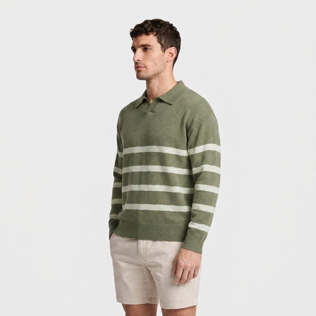 Striped Knit Polo Shirt Slim Fit Ribbed for Men