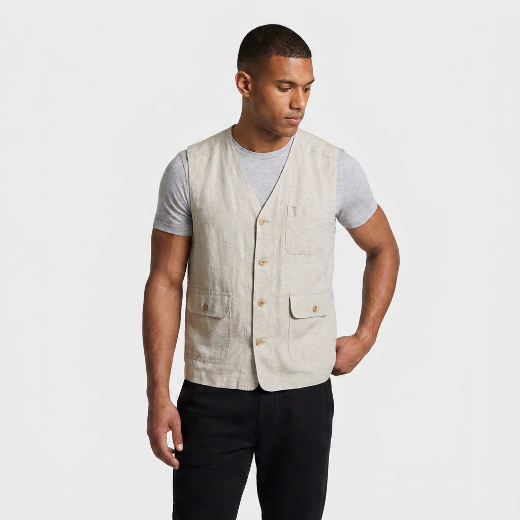 Linen Button Vest Flap Pockets for Men