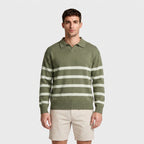 Striped Knit Polo Shirt Slim Fit Ribbed for Men