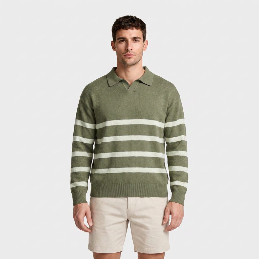 Striped Knit Polo Shirt Slim Fit Ribbed for Men