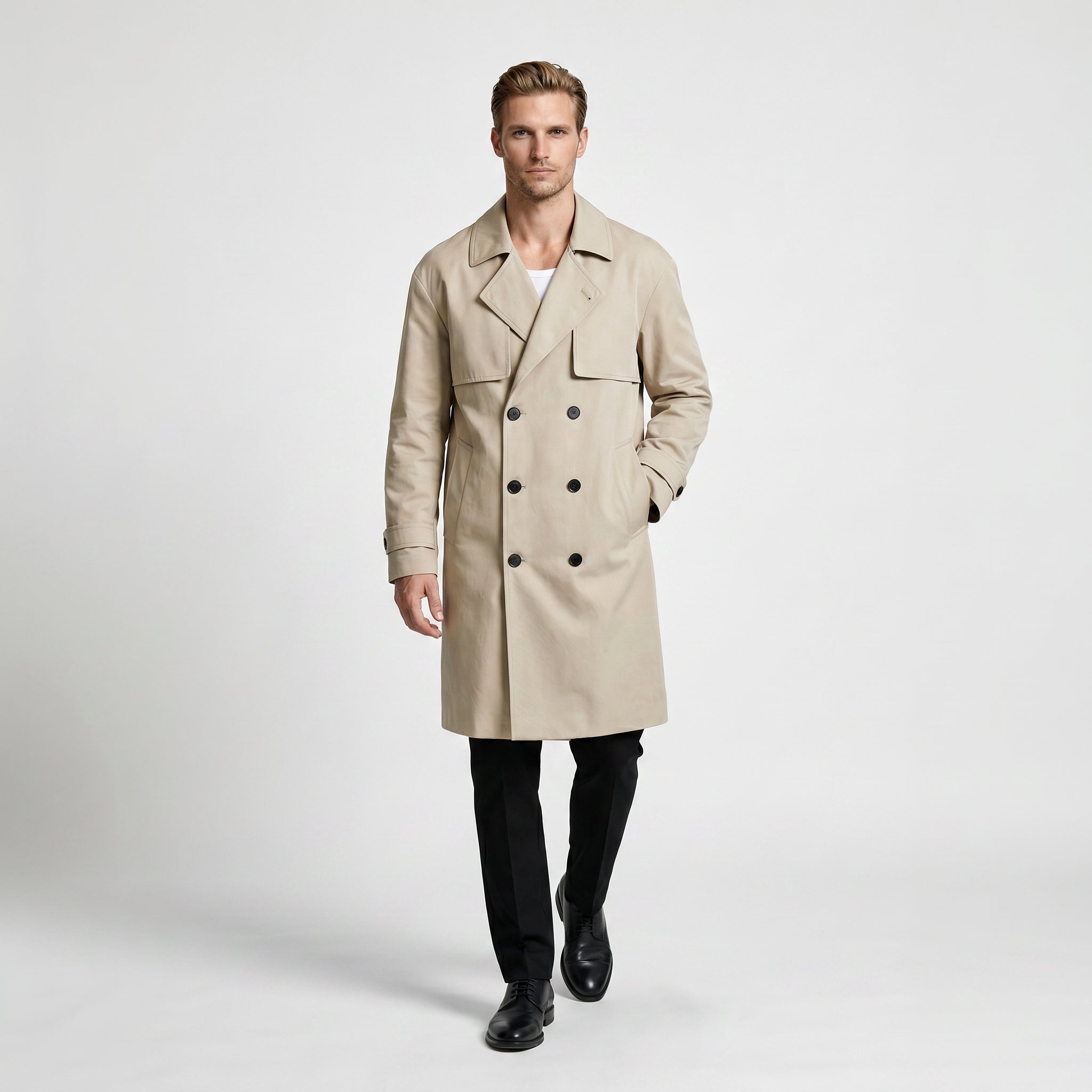 Long Waterproof Double-Breasted Trench Coat for Men