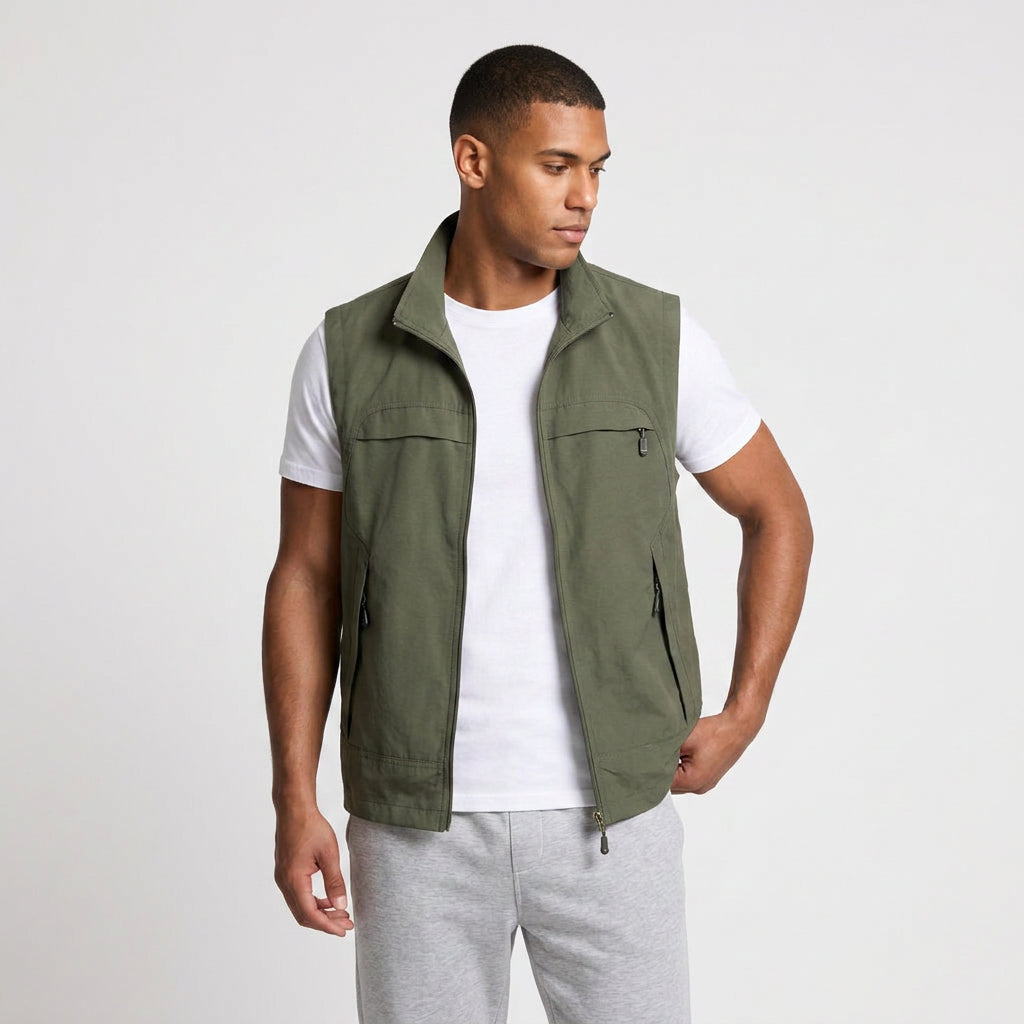 Zip-Up Vest Stand Collar Multi-Pocket for Men