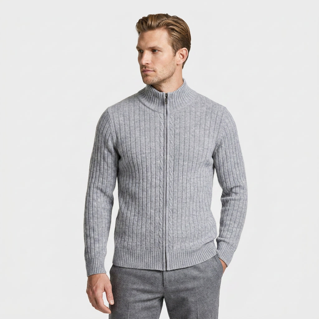 Ribbed Wool Zip-Up Cardigan High Collar for Men