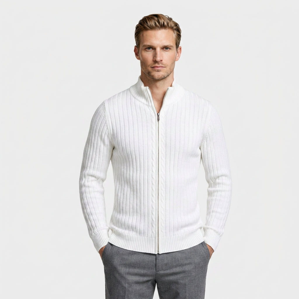 Ribbed Wool Zip-Up Cardigan High Collar for Men