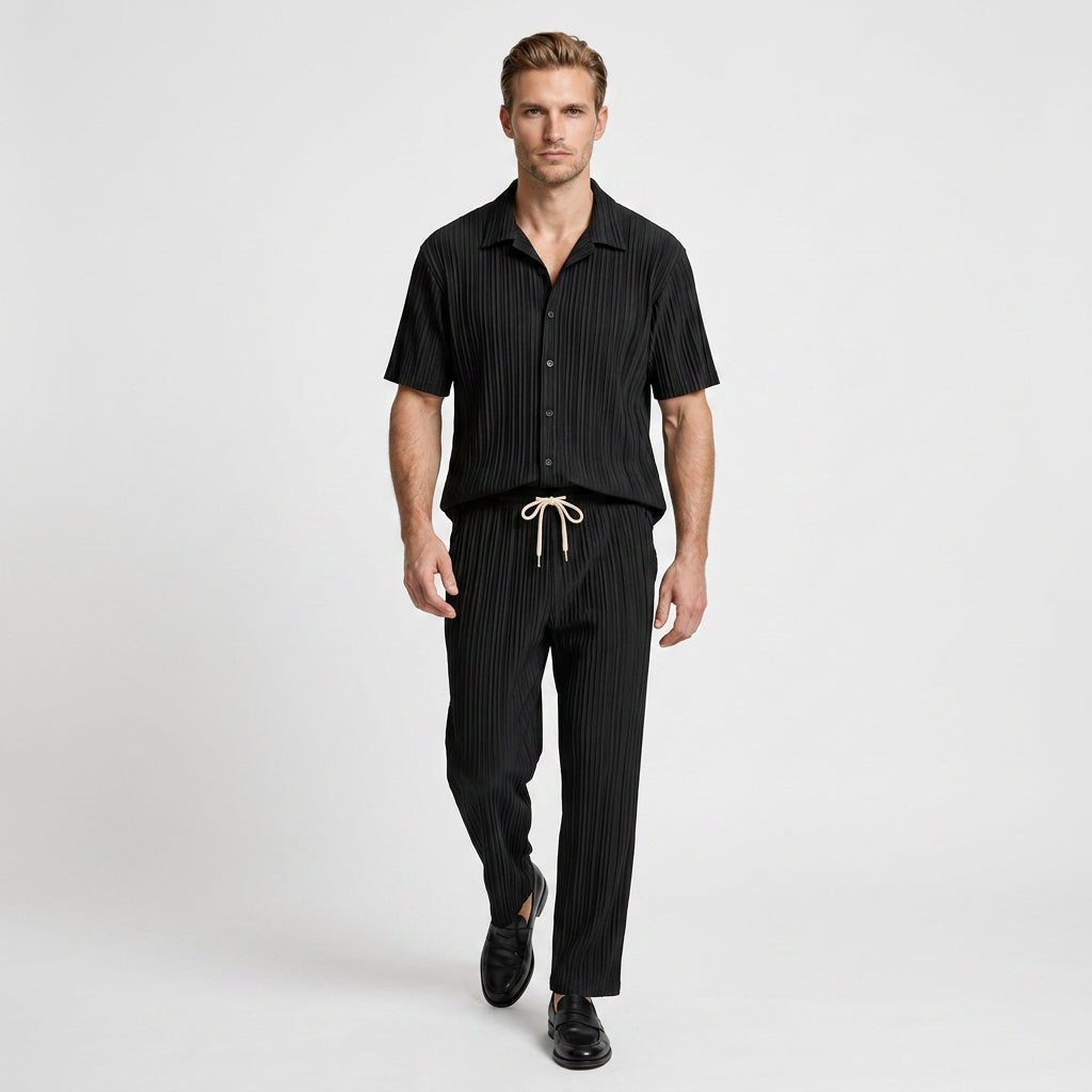 Pleated Matching Set Camp Collar Shirt Trousers for Men