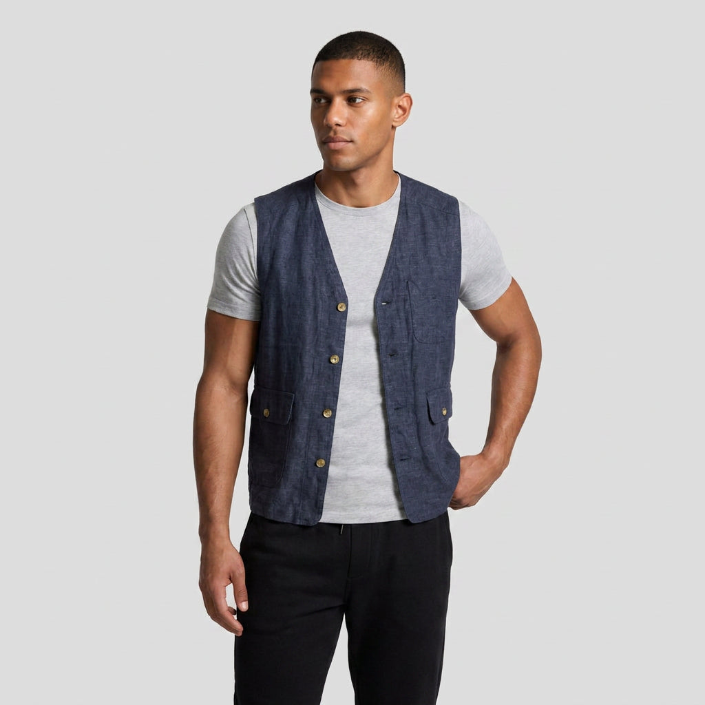 Linen Button Vest Flap Pockets for Men