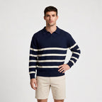Striped Knit Polo Shirt Slim Fit Ribbed for Men