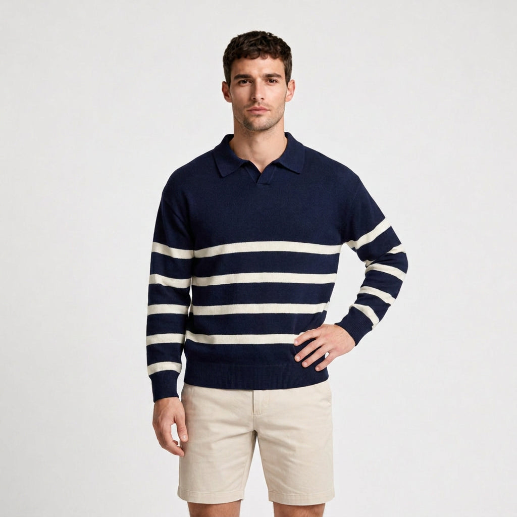 Striped Knit Polo Shirt Slim Fit Ribbed for Men