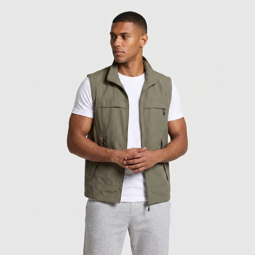 Zip-Up Vest Stand Collar Multi-Pocket for Men