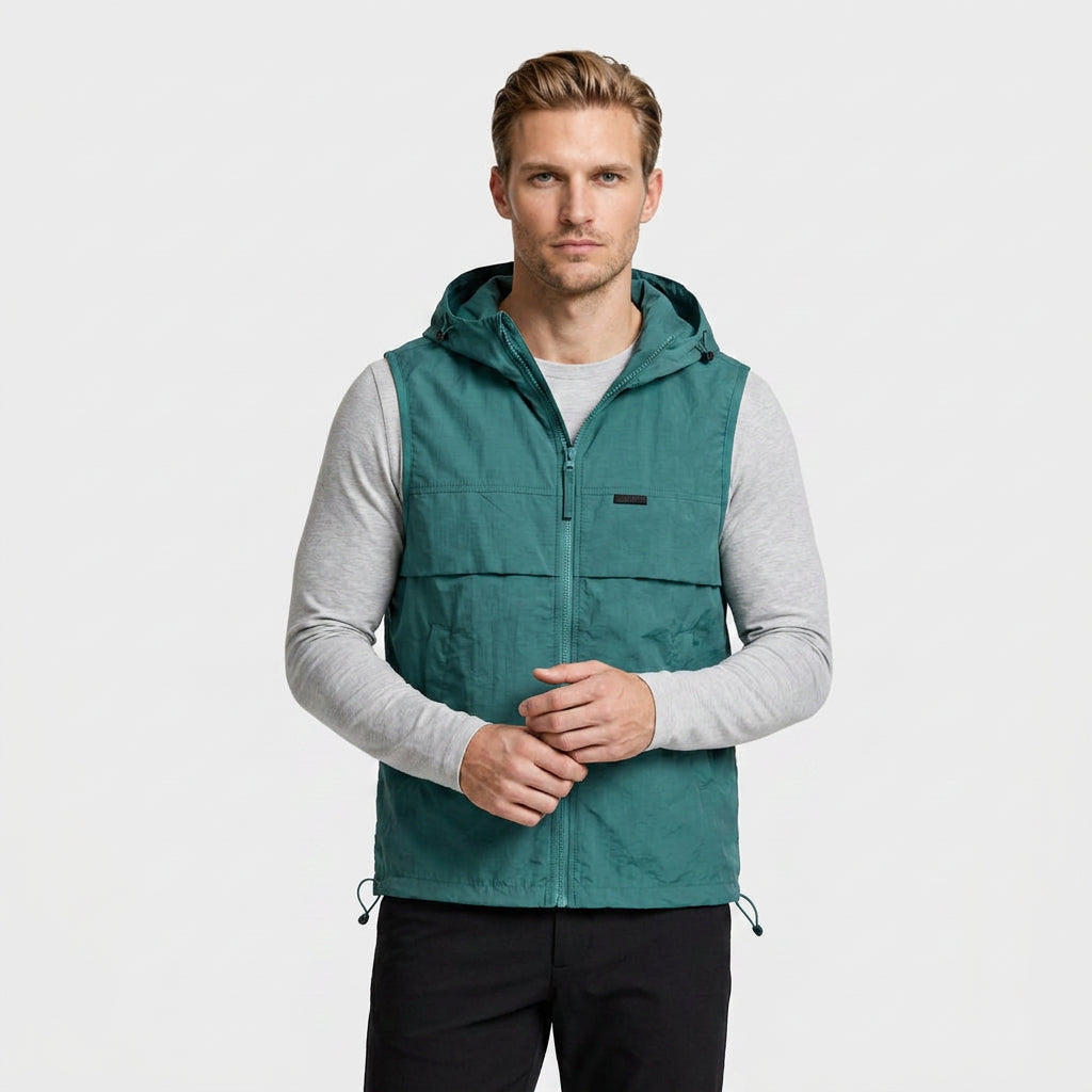 Hooded Zip Vest Drawcord Hem Chest Pocket for Men