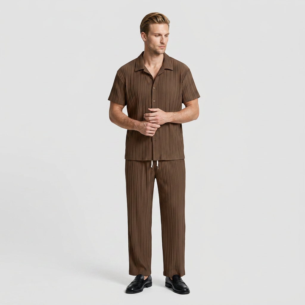 Pleated Matching Set Camp Collar Shirt Trousers for Men