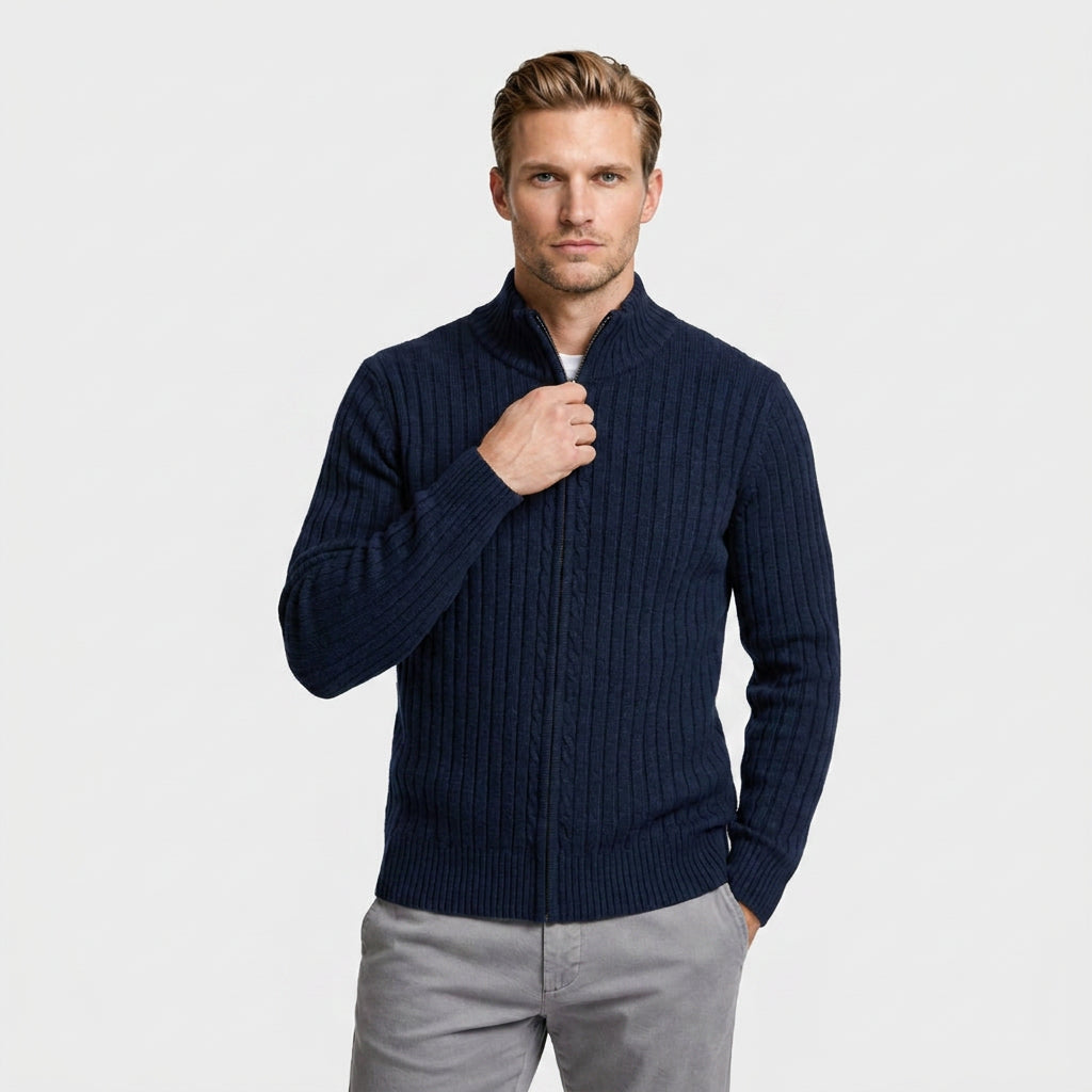 Ribbed Wool Zip-Up Cardigan High Collar for Men