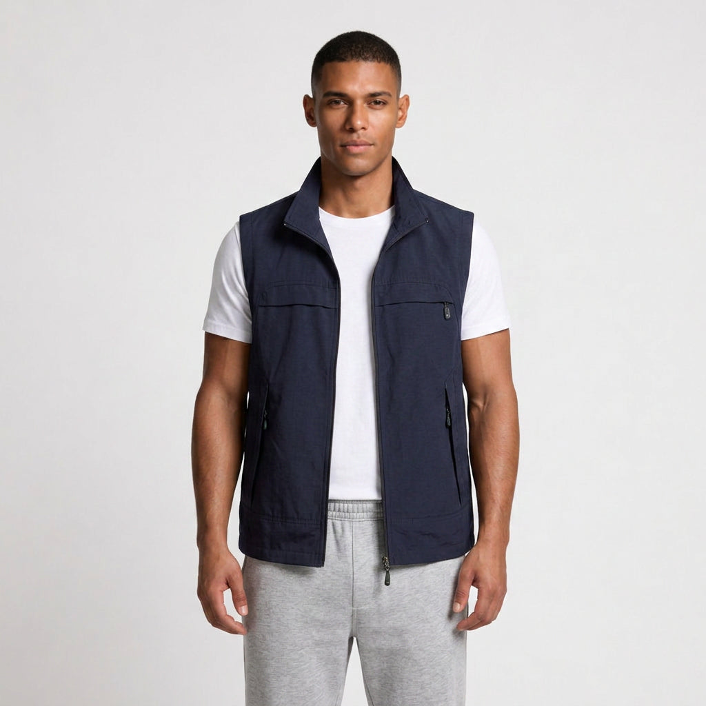 Zip-Up Vest Stand Collar Multi-Pocket for Men