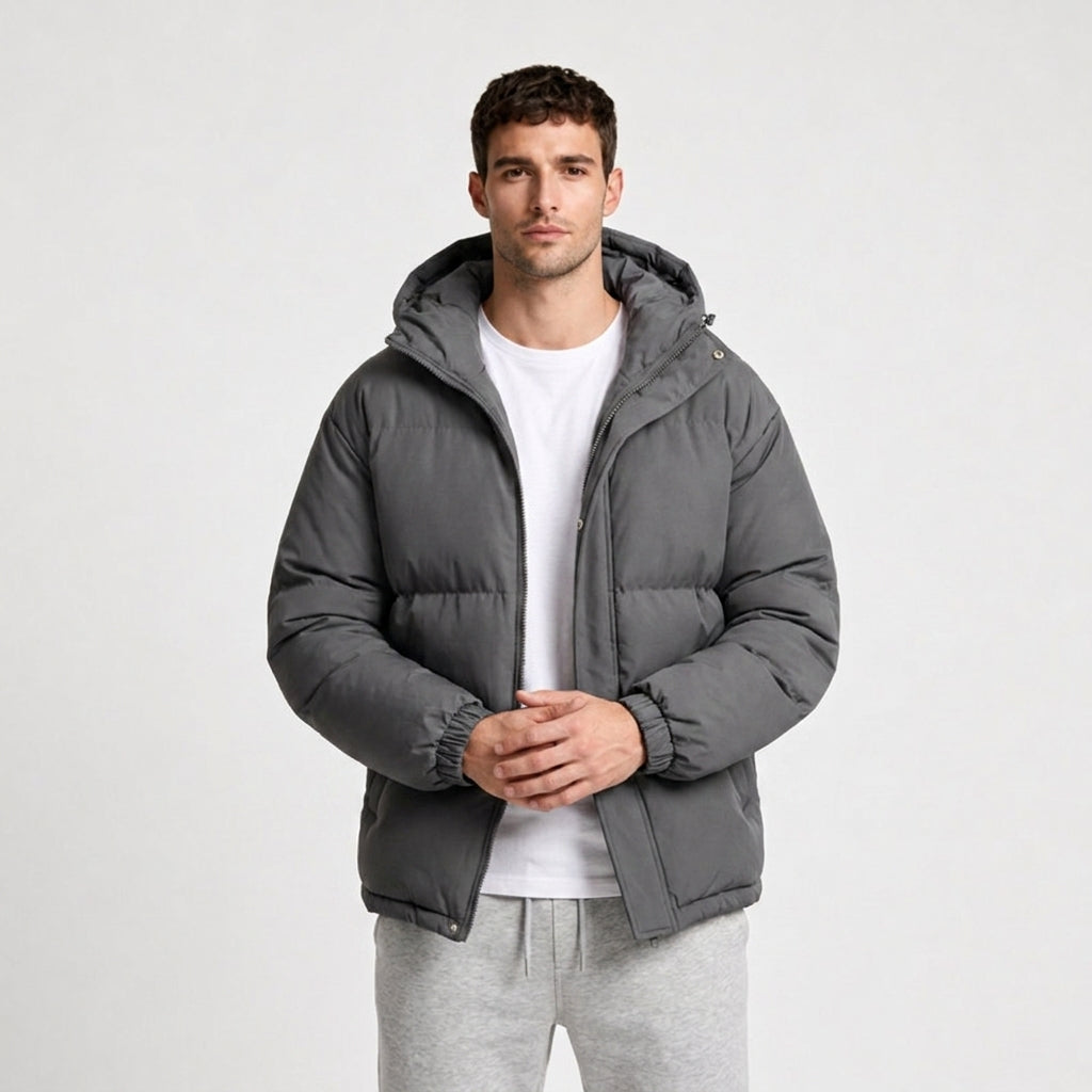 Hooded Puffer Jacket Zip-Up Snap Closure for Men