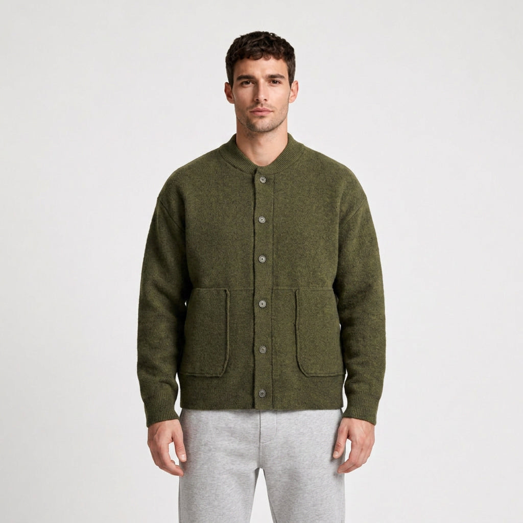 Wool Blend Bomber Cardigan Patch Pockets Button Front for Men