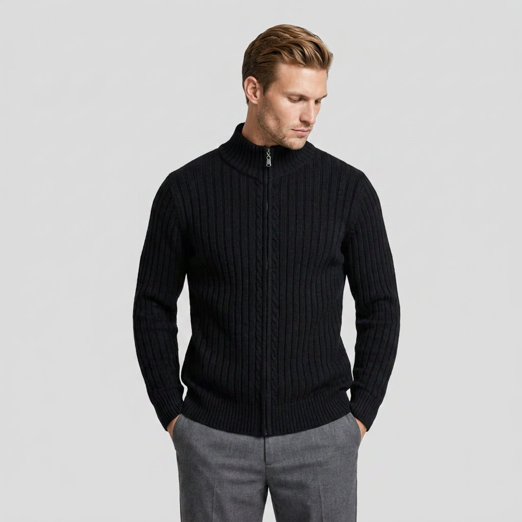 Ribbed Wool Zip-Up Cardigan High Collar for Men