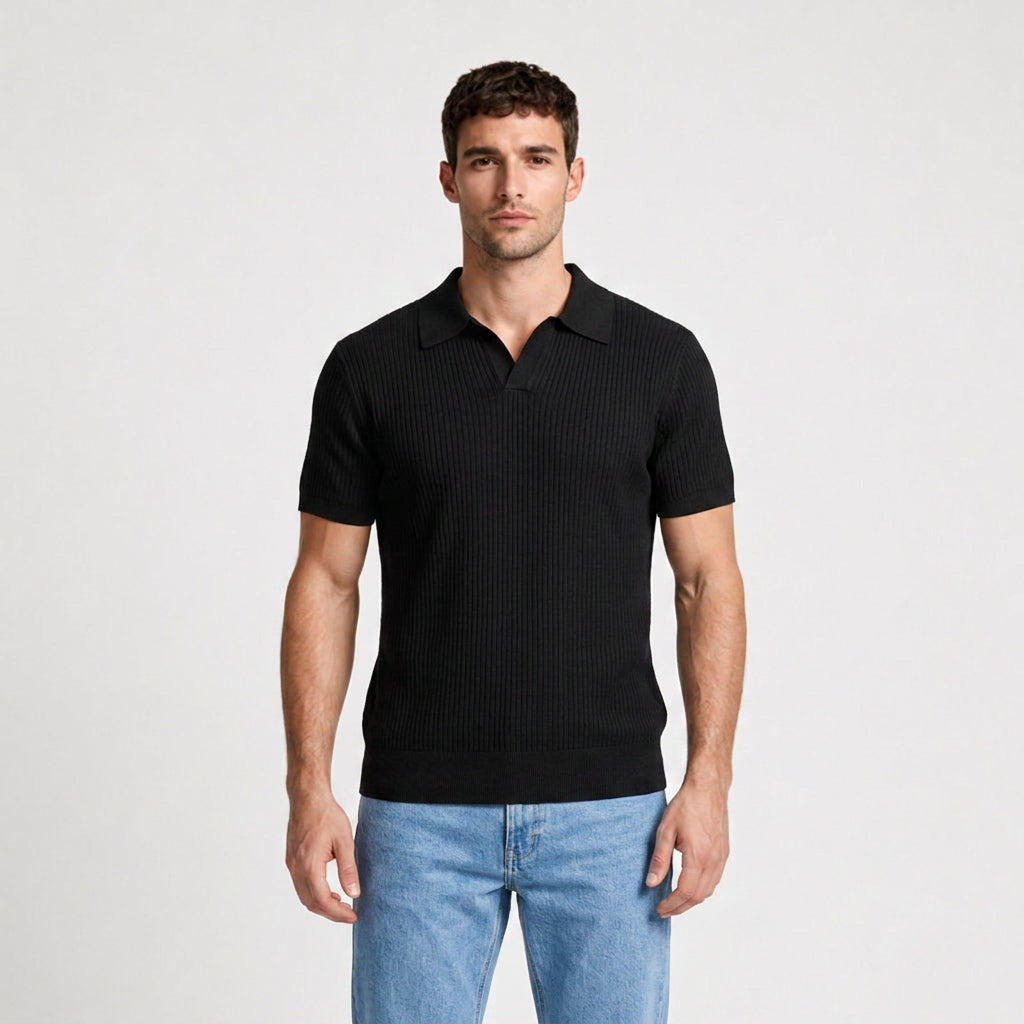 Ribbed Knit Polo Open Collar Short Sleeve for Men