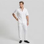 Pleated Matching Set Camp Collar Shirt Trousers for Men