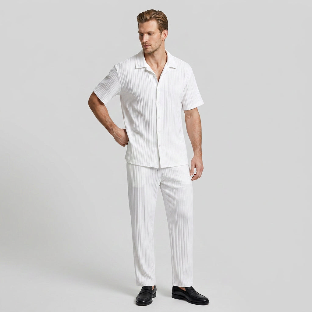 Pleated Matching Set Camp Collar Shirt Trousers for Men