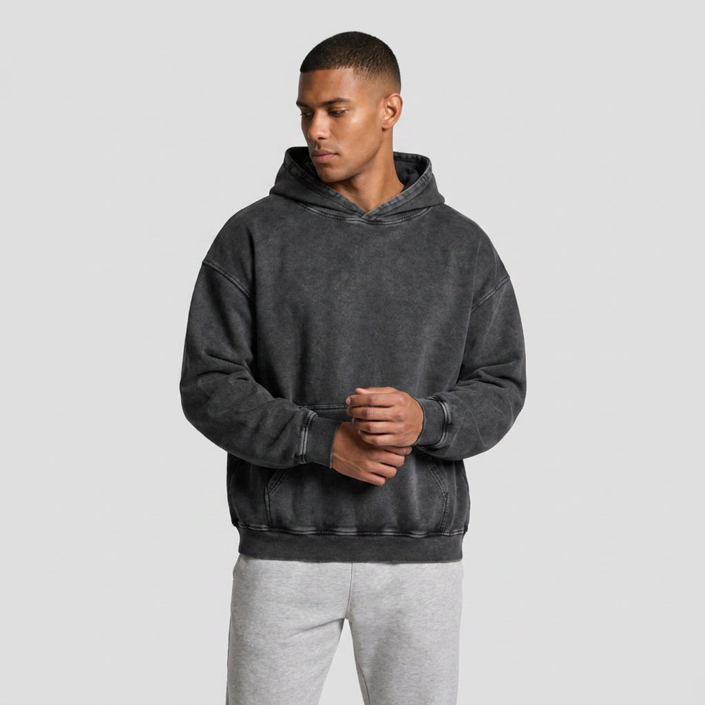 Washed Cotton Blend Hoodie Relaxed Fit for Men