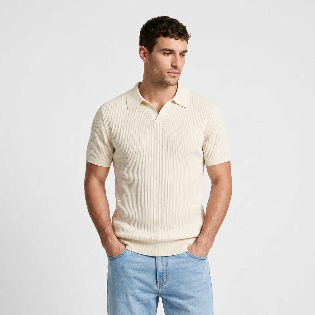 Ribbed Knit Polo Open Collar Short Sleeve for Men