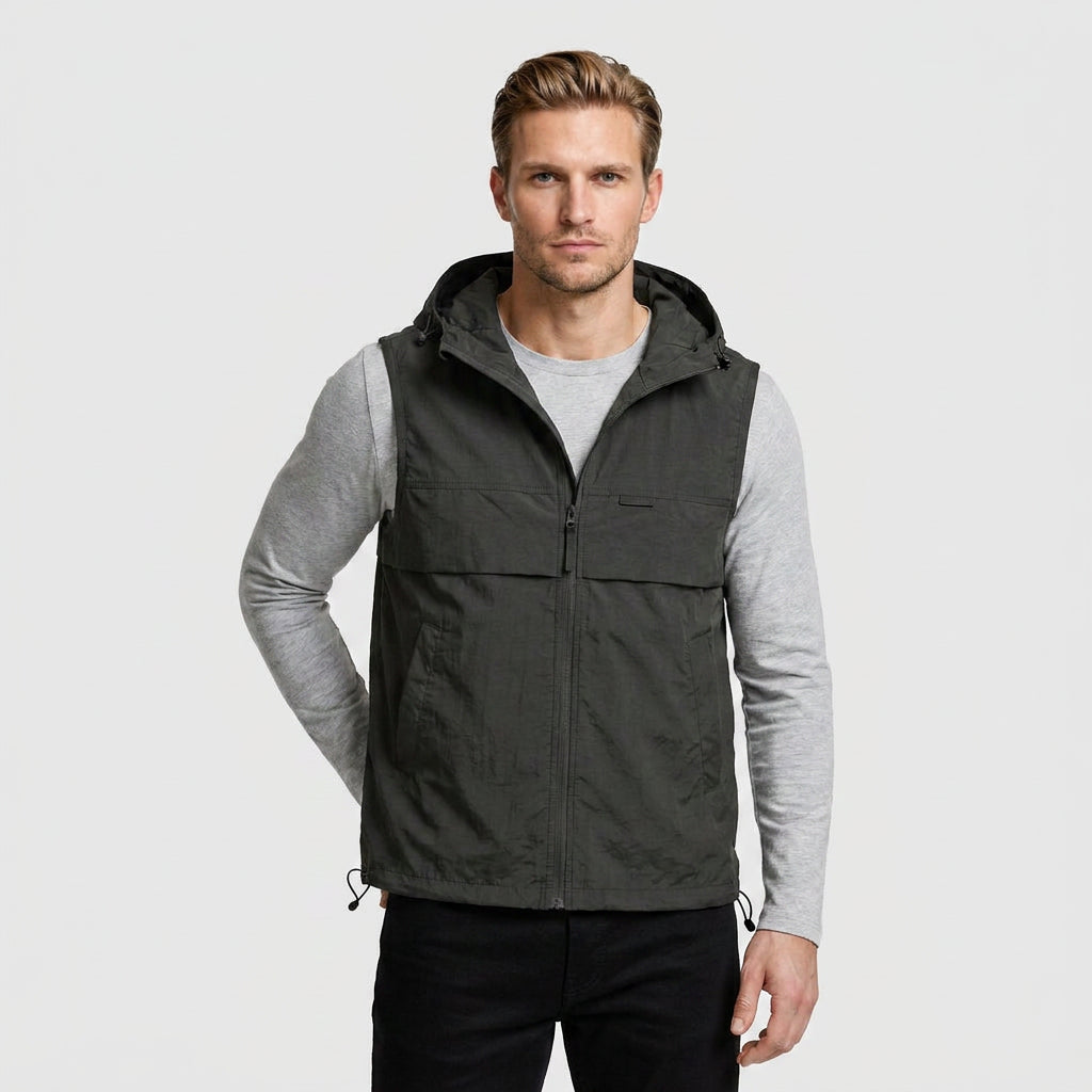 Hooded Zip Vest Drawcord Hem Chest Pocket for Men