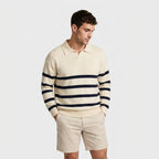 Striped Knit Polo Shirt Slim Fit Ribbed for Men