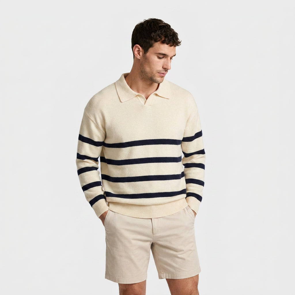 Striped Knit Polo Shirt Slim Fit Ribbed for Men