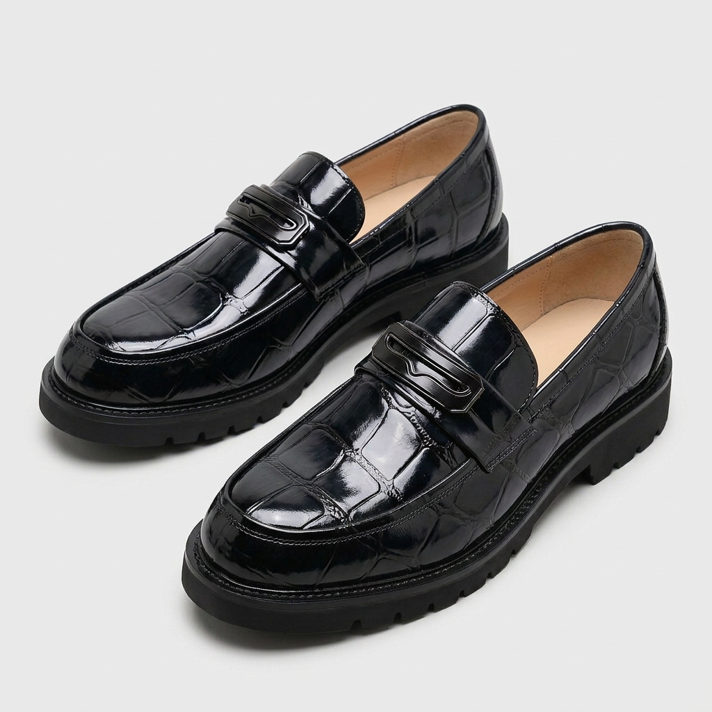 Croc-Embossed Loafer Geometric Bar Lug Sole for Men