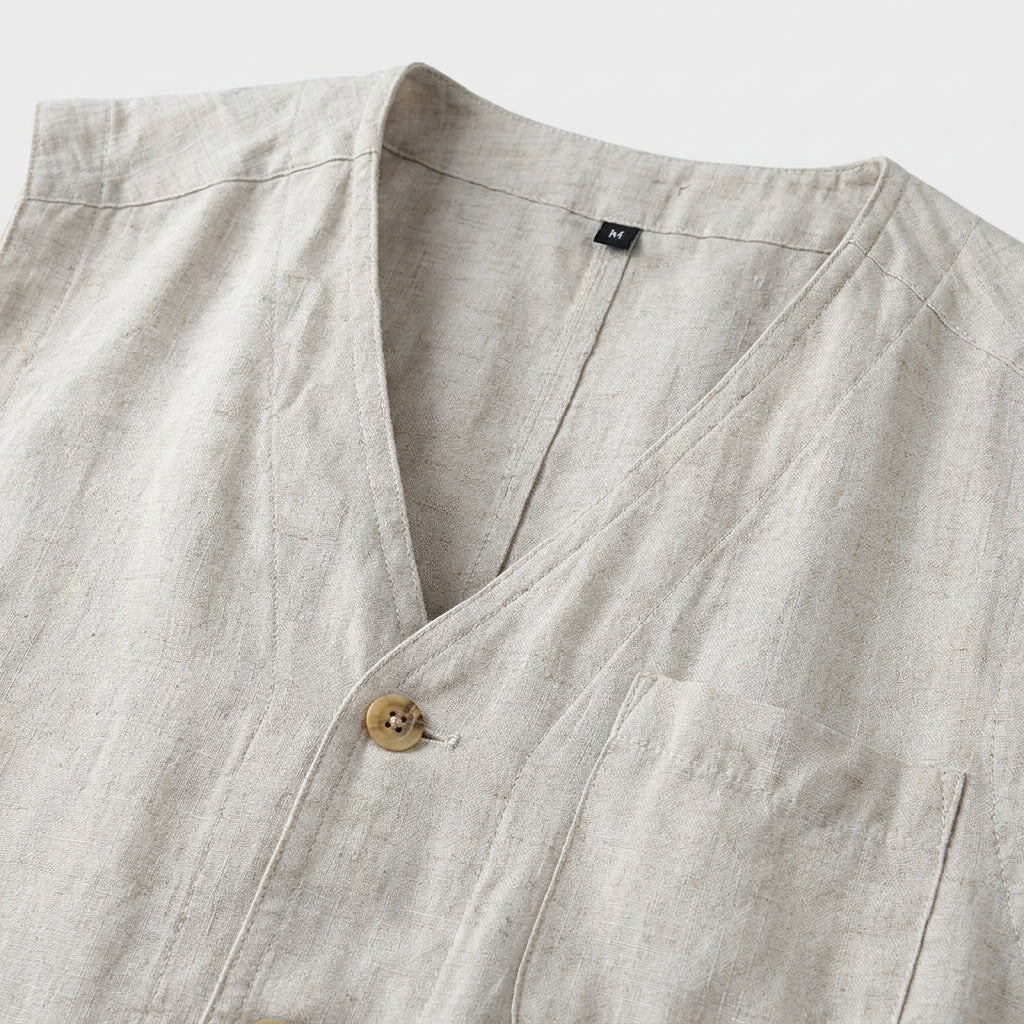 Linen Button Vest Flap Pockets for Men