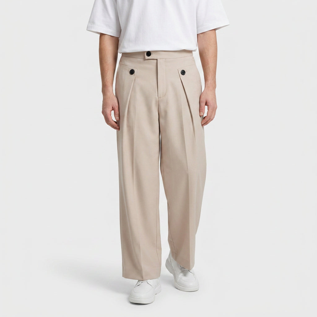 Button-Tab Wide Leg Trousers for Men