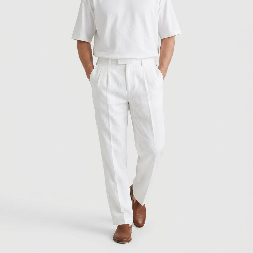 Tapered Leg Pleated Linen Trousers for Men