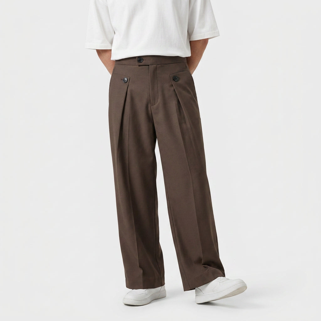 Button-Tab Wide Leg Trousers for Men