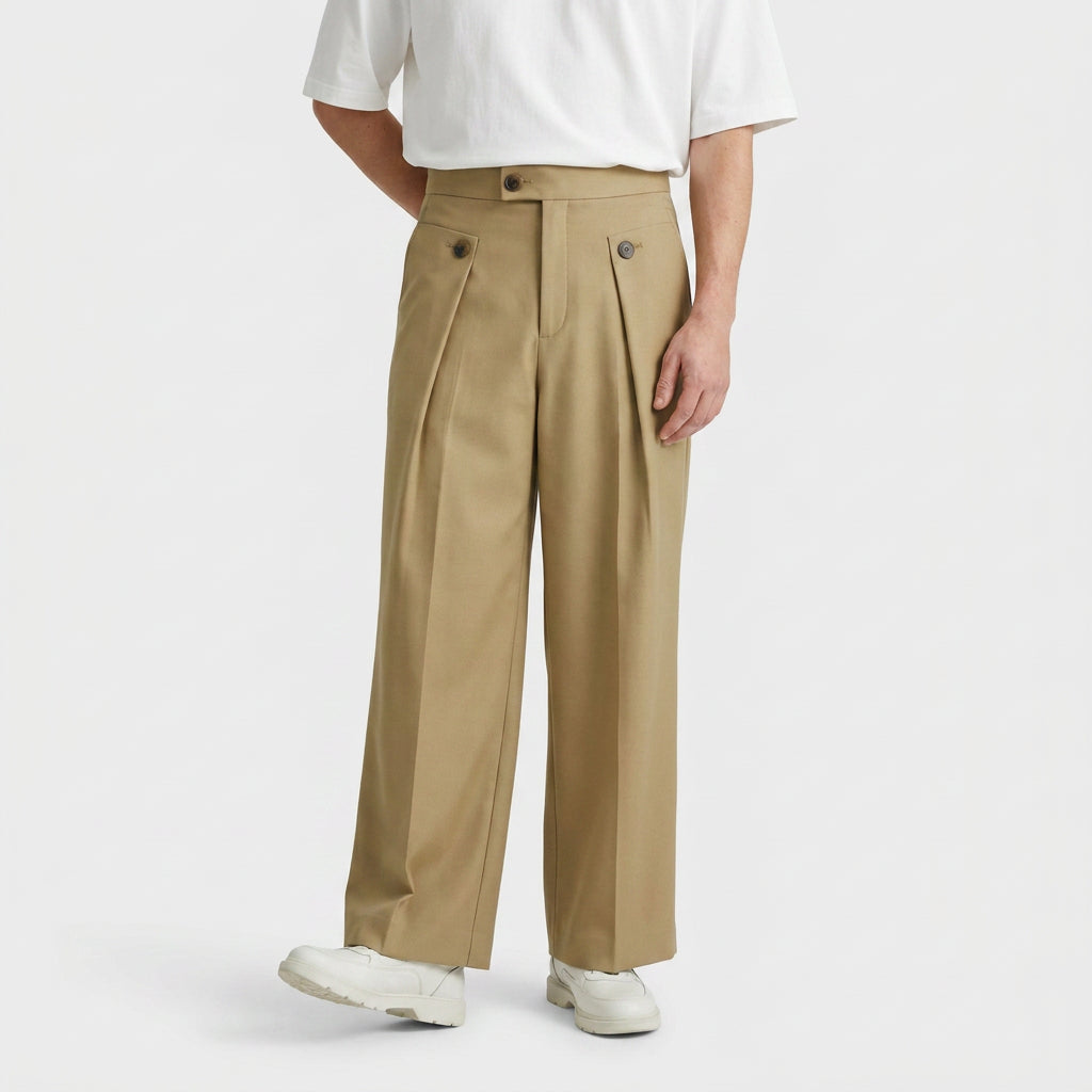 Button-Tab Wide Leg Trousers for Men