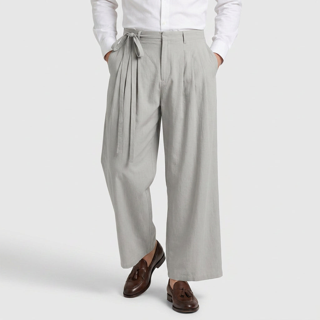 Wide Leg Pleated Trousers with Tie Waist for Men