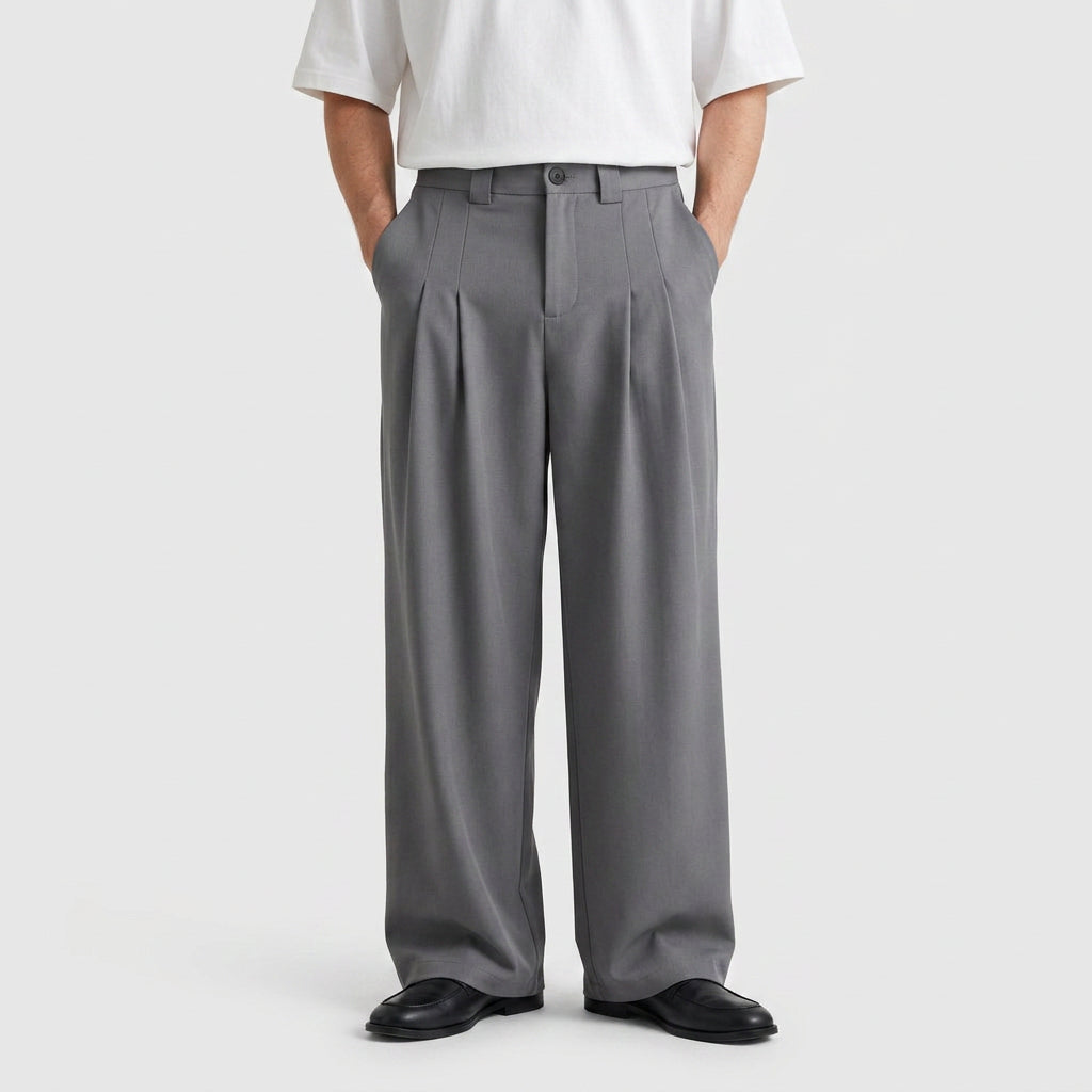 Mid-Rise Wide Leg Pleated Trousers for Men