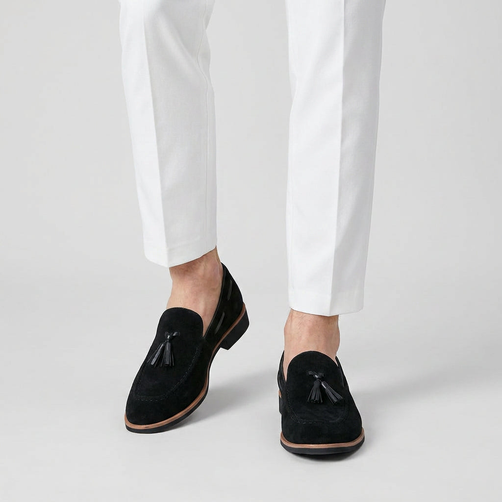 Men's Suede Tassel Loafer Contrast Trim Leather Sole