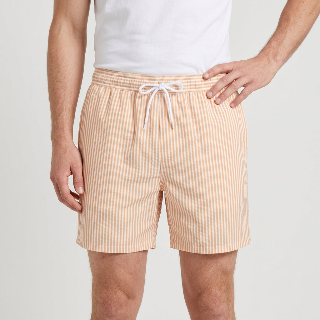 Striped Swim Shorts Elastic Waist Drawcord for Men