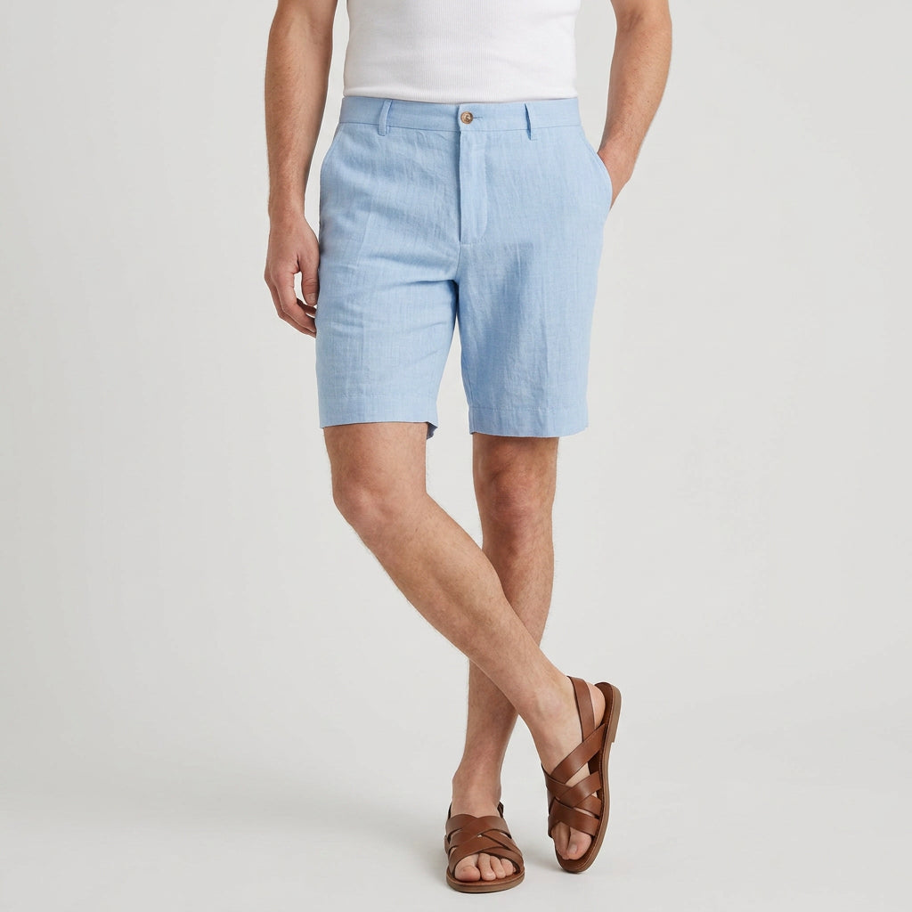 Linen Chino Shorts Flat Front Button Closure for Men