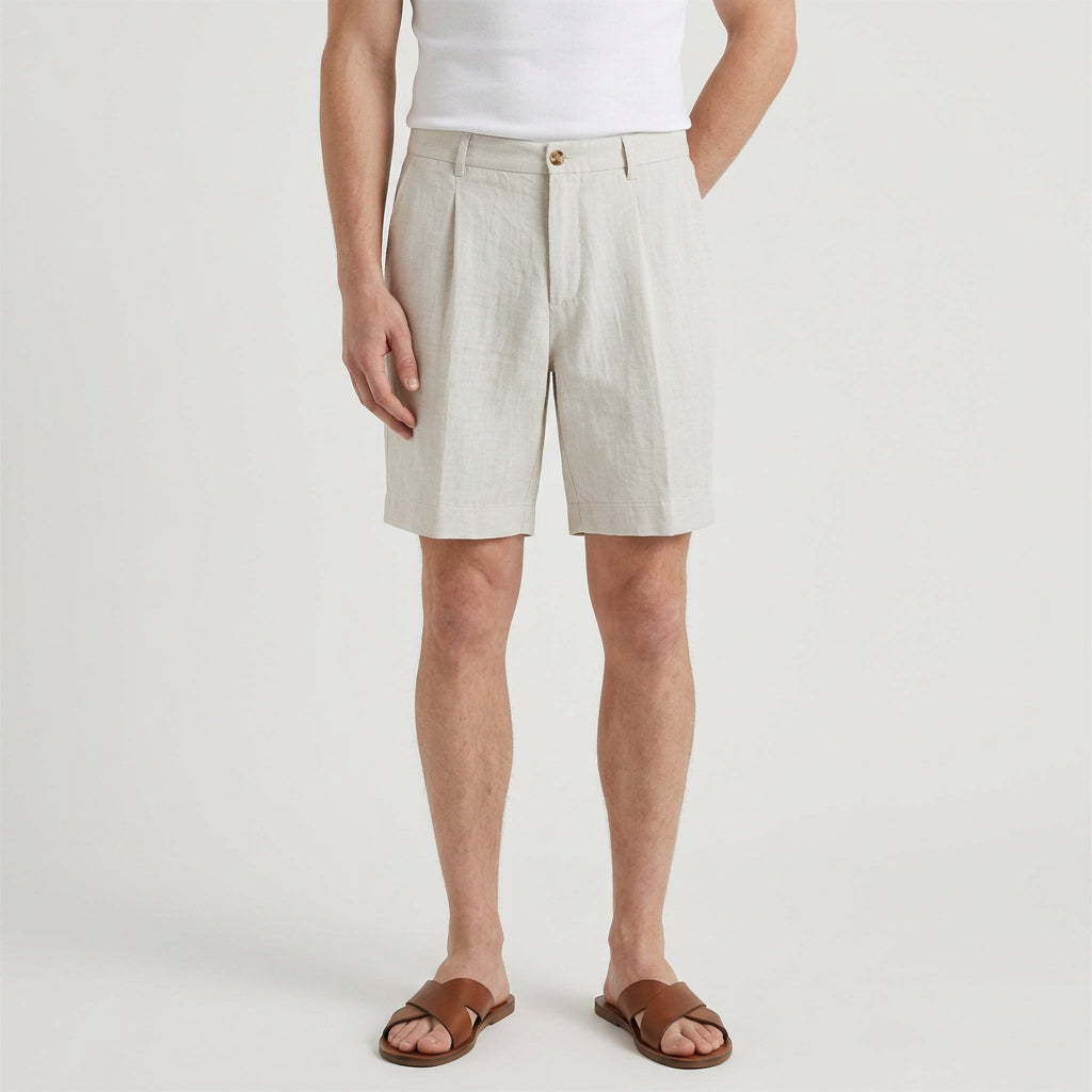 Linen Chino Shorts Flat Front Button Closure for Men
