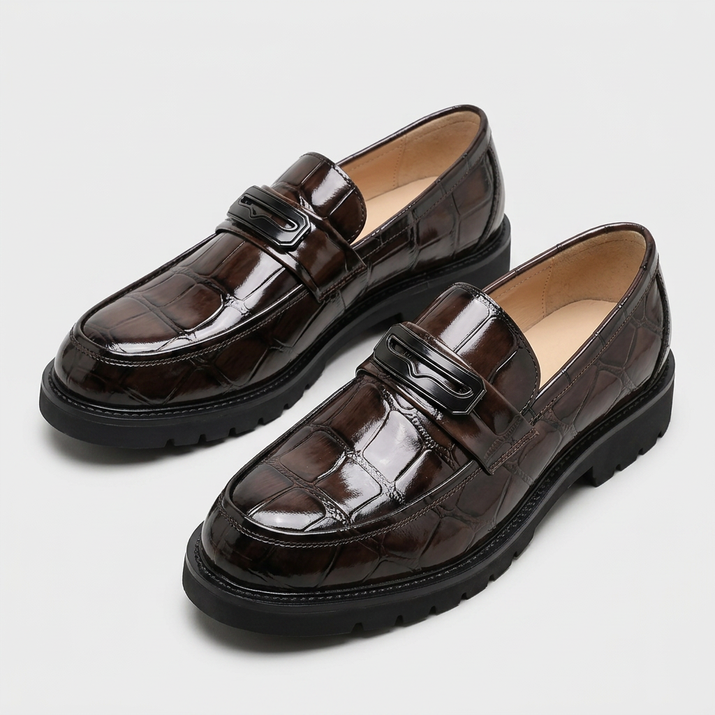 Croc-Embossed Loafer Geometric Bar Lug Sole for Men