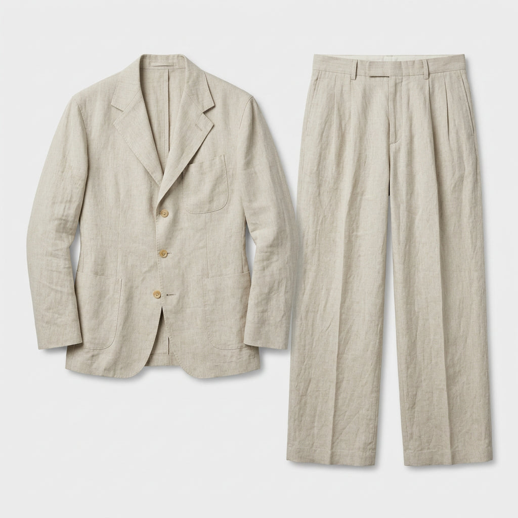 Linen Two-Piece Suit Relaxed Fit Gold Buttons for Men
