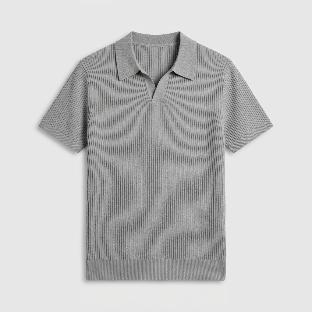 Ribbed Knit Polo Open Collar Short Sleeve for Men