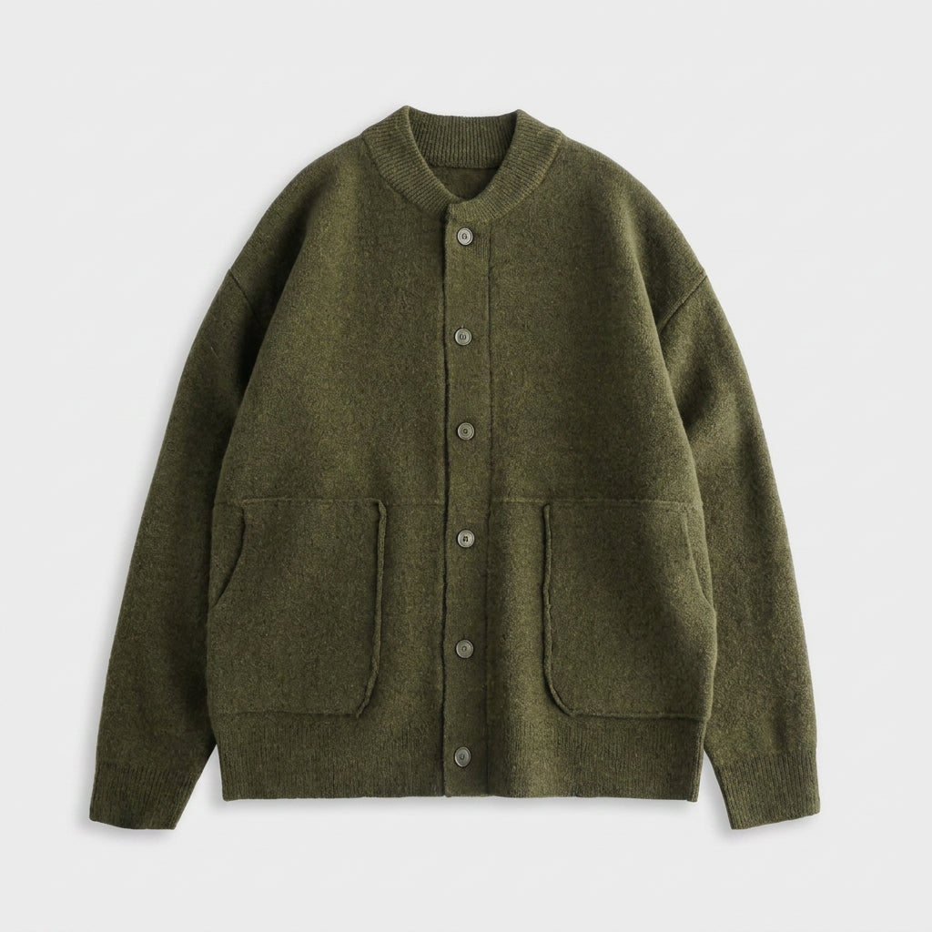 Wool Blend Bomber Cardigan Patch Pockets Button Front for Men